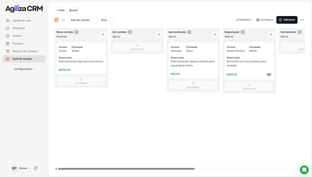 Interface do Agiliza CRM